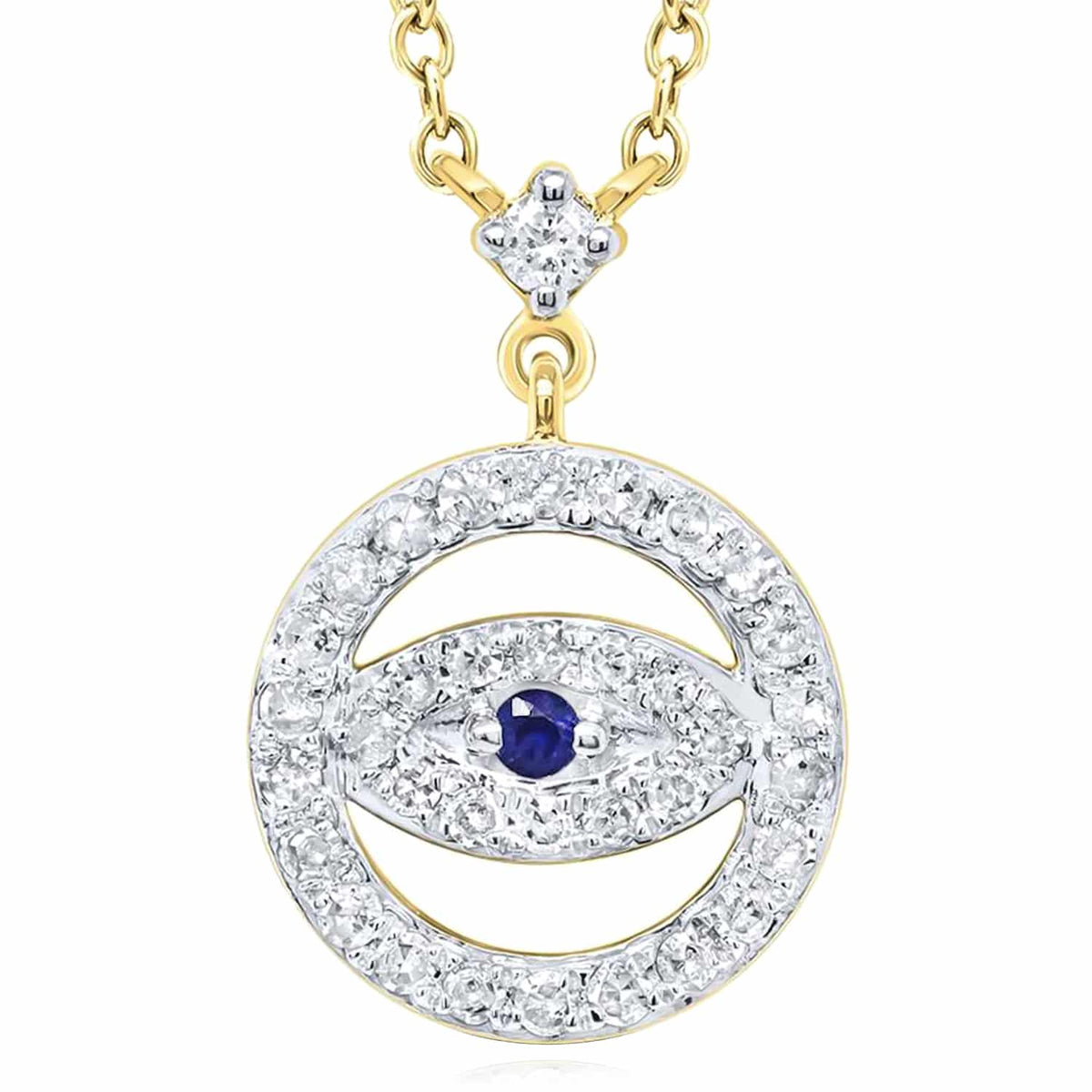 Natural Diamond and Sapphire 10K Yellow White Gold Evil Eye Necklace (Solid Links) 18" - WJD Exclusives
