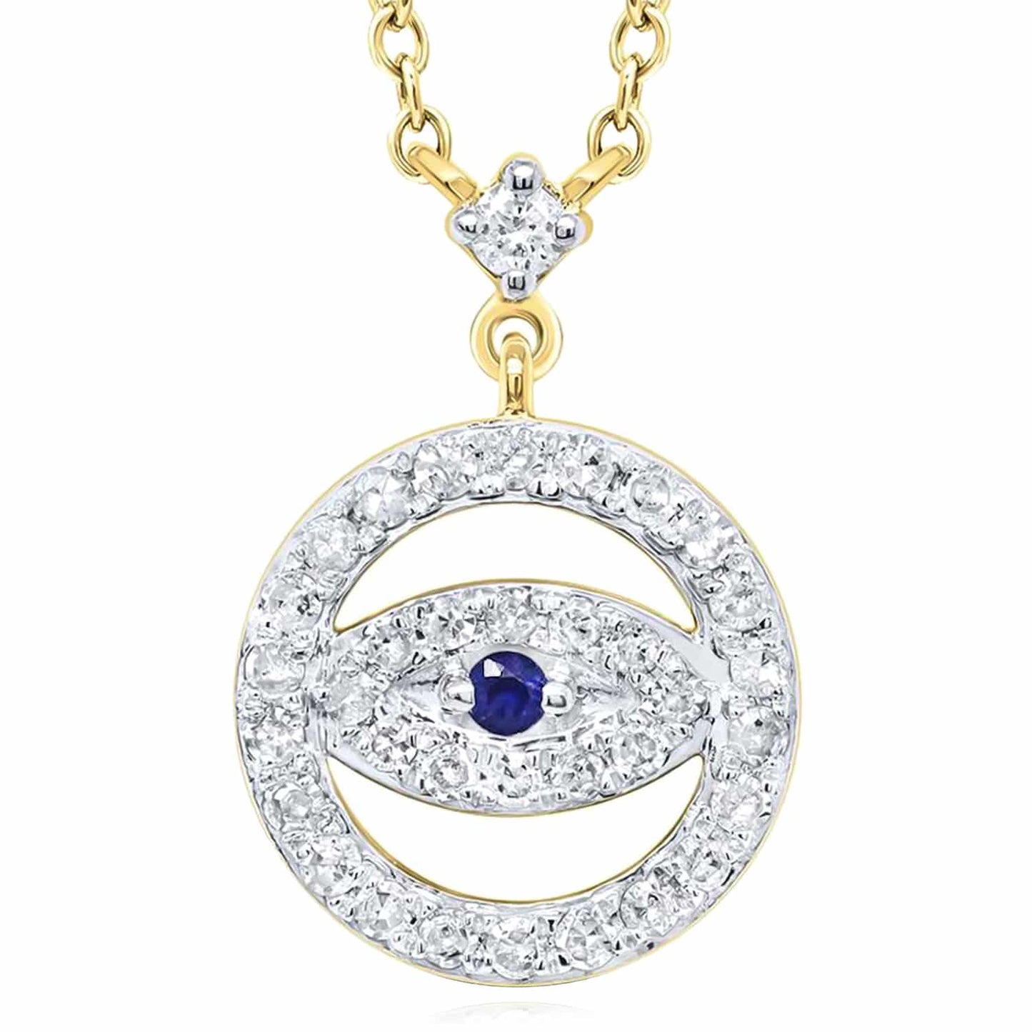 Real Diamond and Sapphire 10K Gold Yellow White Evil Eye Pendant Necklace 18"