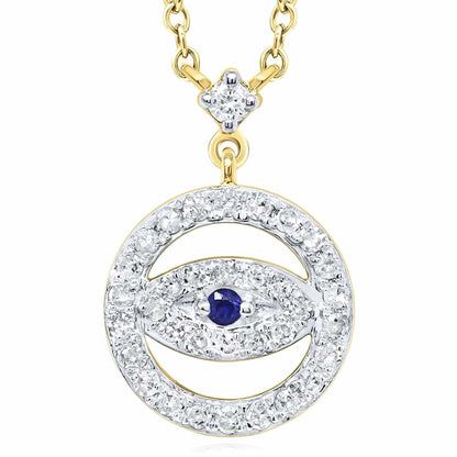 Real Diamond and Sapphire 10K Gold Yellow White Evil Eye Pendant Necklace 18"