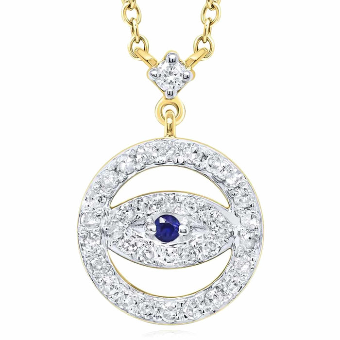 Natural Diamond and Sapphire 10K Yellow White Gold Evil Eye Necklace (Solid Links) 18" - WJD Exclusives