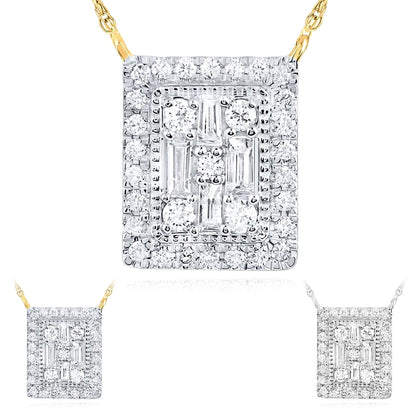 Real Diamond 10K Gold Yellow White Baguette Rectangular Pendant Necklace 18"