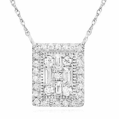 Real Diamond 10K Gold Yellow White Baguette Rectangular Pendant Necklace 18"