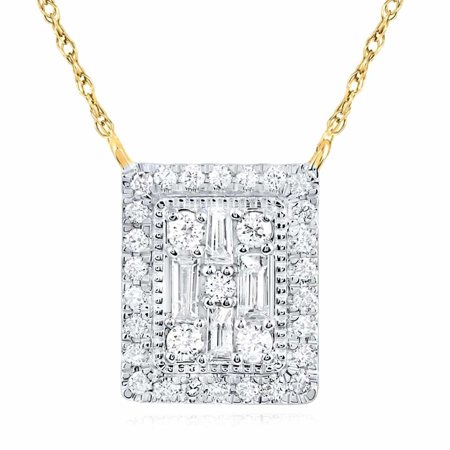 Real Diamond 10K Gold Yellow White Baguette Rectangular Pendant Necklace 18"