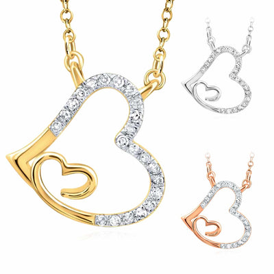 0.10CTW Natural Diamond 10K Yellow White Rose Gold Heart in Heart Necklace (Solid Links) 18" - WJD Exclusives