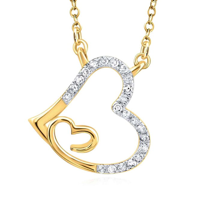 0.10CTW Natural Diamond 10K Yellow White Rose Gold Heart in Heart Necklace (Solid Links) 18" - WJD Exclusives