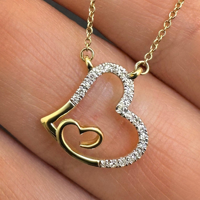 0.10CTW Natural Diamond 10K Yellow White Rose Gold Heart in Heart Necklace (Solid Links) 18" - WJD Exclusives