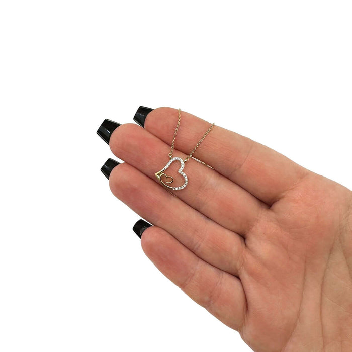 0.10CTW Natural Diamond 10K Yellow White Rose Gold Heart in Heart Necklace (Solid Links) 18" - WJD Exclusives