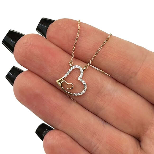 0.10CTW Natural Diamond 10K Yellow White Rose Gold Heart in Heart Necklace (Solid Links) 18" - WJD Exclusives