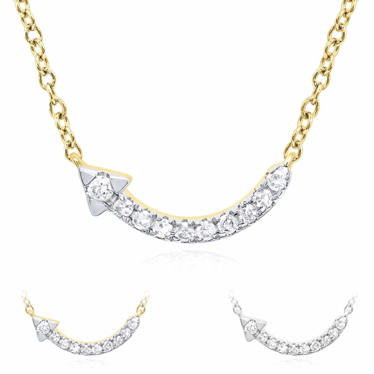 0.08CTW Real Diamond 10K Gold Yellow White Curved Arrow Pendant Necklace 18"