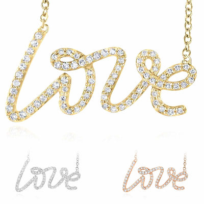 Natural Diamond 10K Yellow White Rose Gold Love Script Necklace (Solid Links) 18" - WJD Exclusives