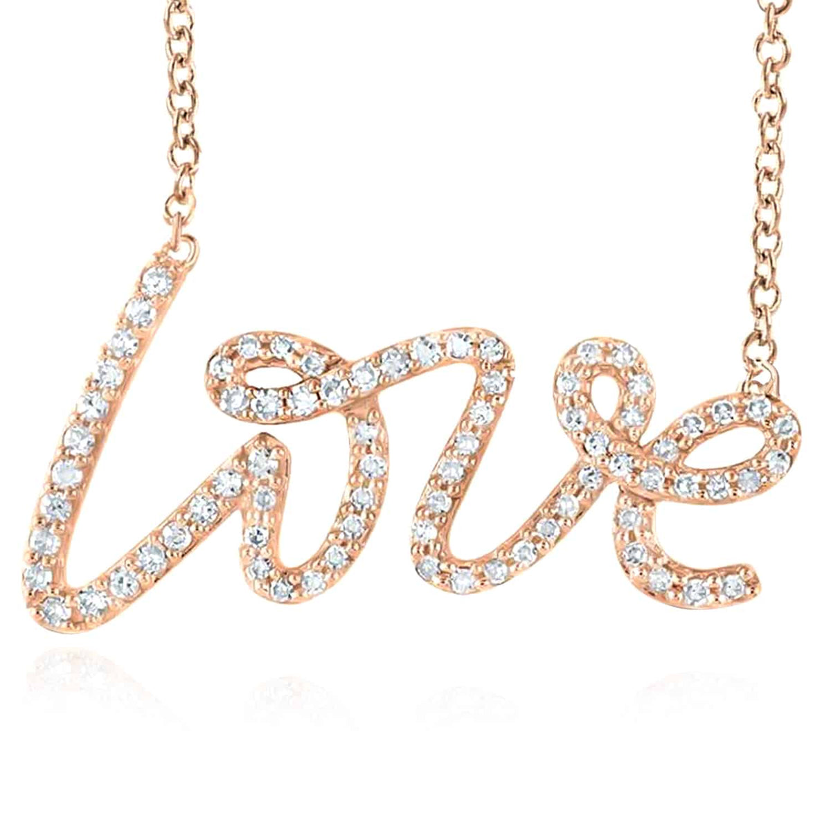 Natural Diamond 10K Yellow White Rose Gold Love Script Necklace (Solid Links) 18" - WJD Exclusives