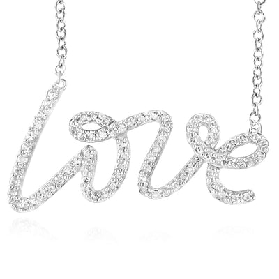 Natural Diamond 10K Yellow White Rose Gold Love Script Necklace (Solid Links) 18" - WJD Exclusives