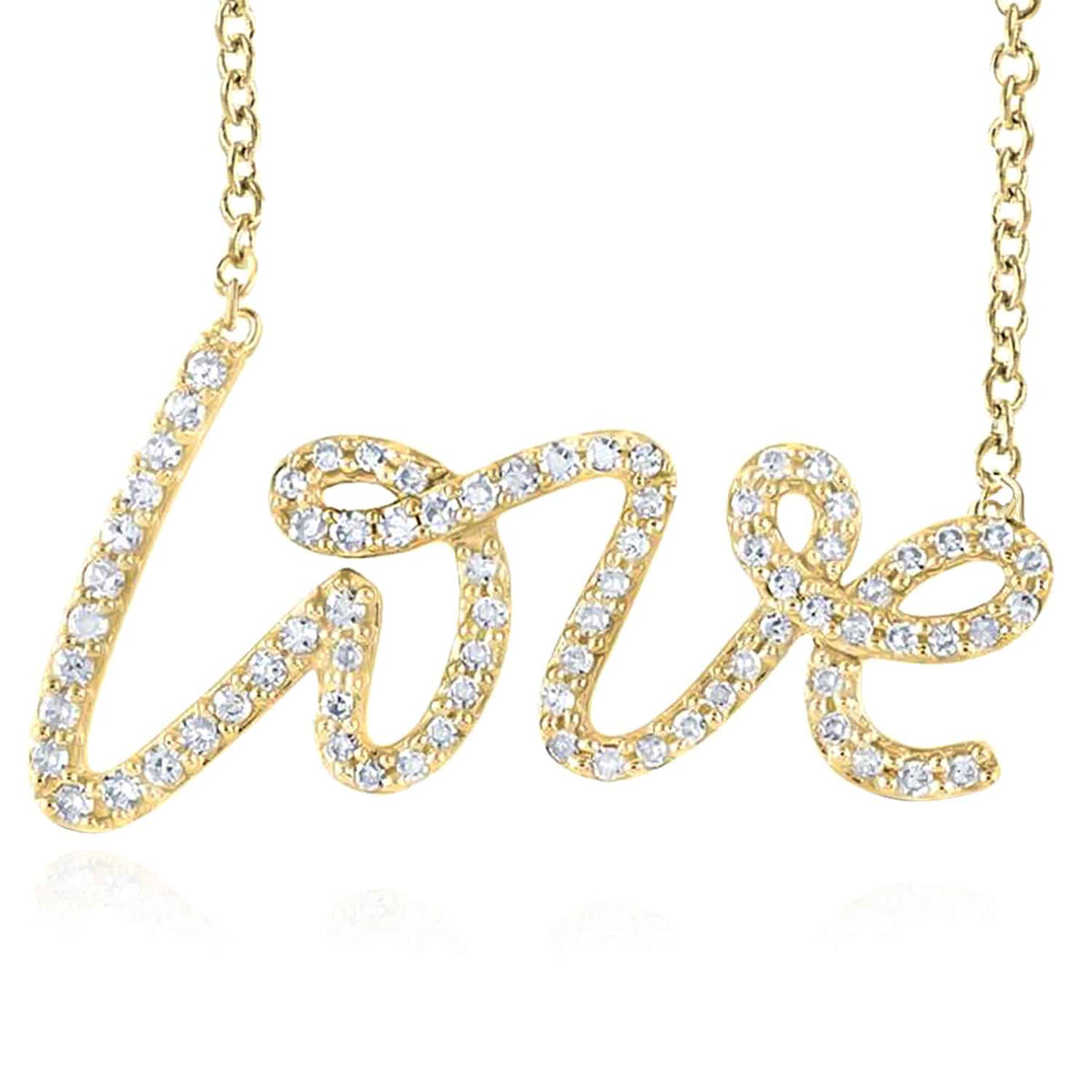 Natural Diamond 10K Yellow White Rose Gold Love Script Necklace (Solid Links) 18" - WJD Exclusives