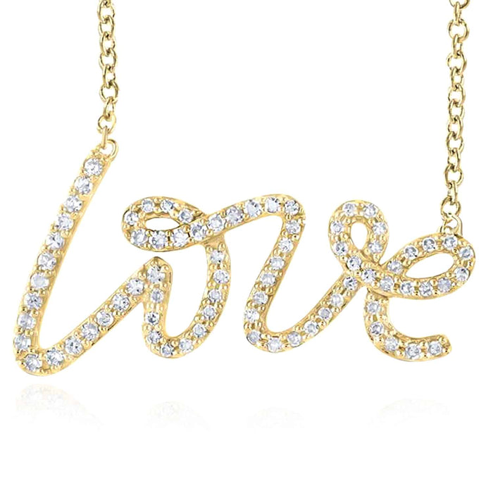 Natural Diamond 10K Yellow White Rose Gold Love Script Necklace (Solid Links) 18" - WJD Exclusives