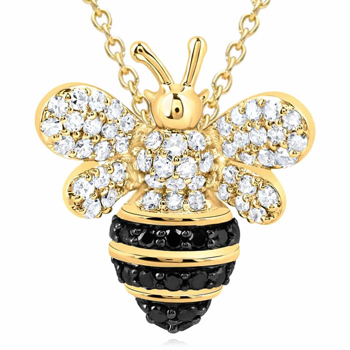 Natural Diamond 10K Yellow White Gold Bumblebee Enamel Necklace (Solid Links) 18" - WJD Exclusives