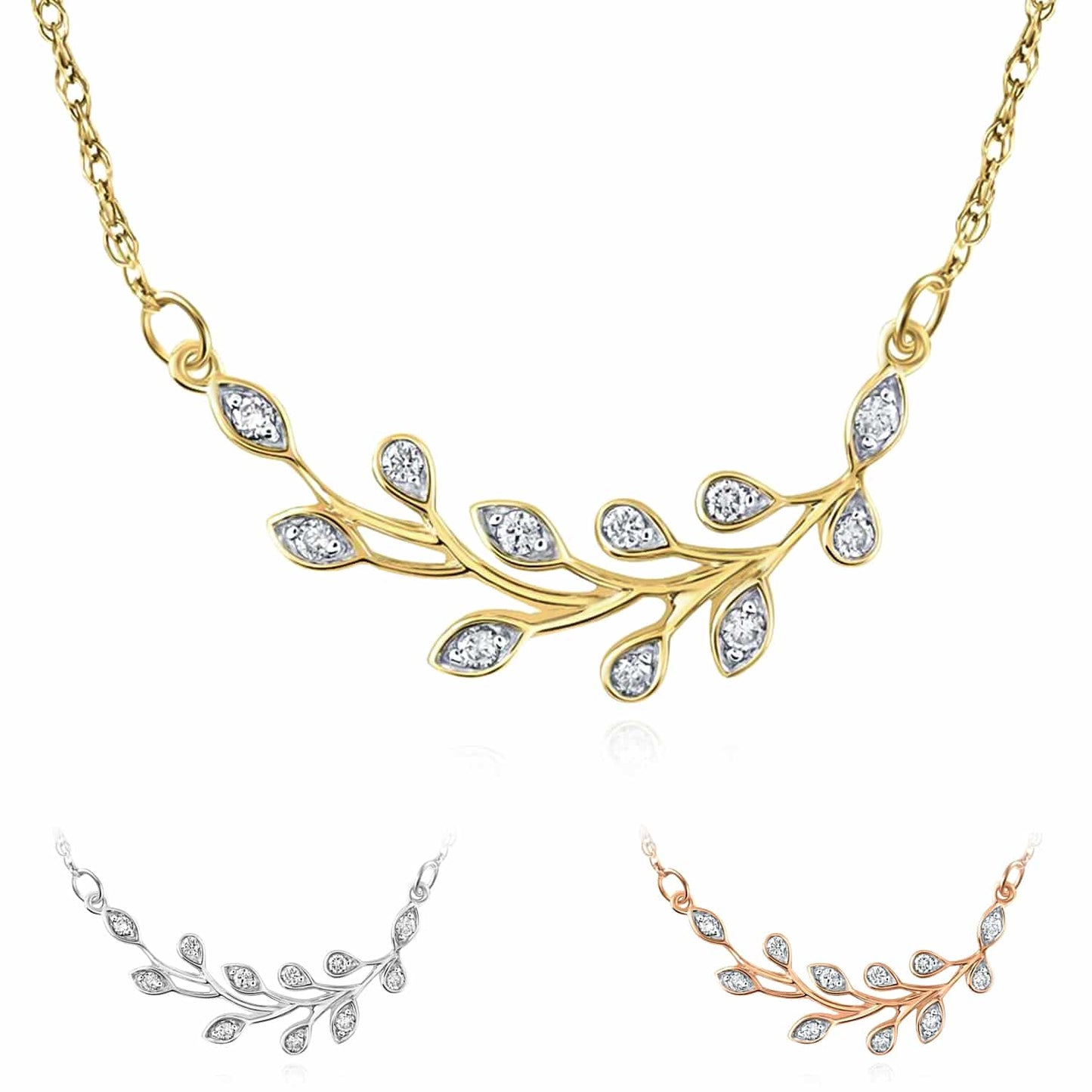 Real Diamond 10K Gold Yellow White Rose Leaf Branch Pendant Necklace 18"
