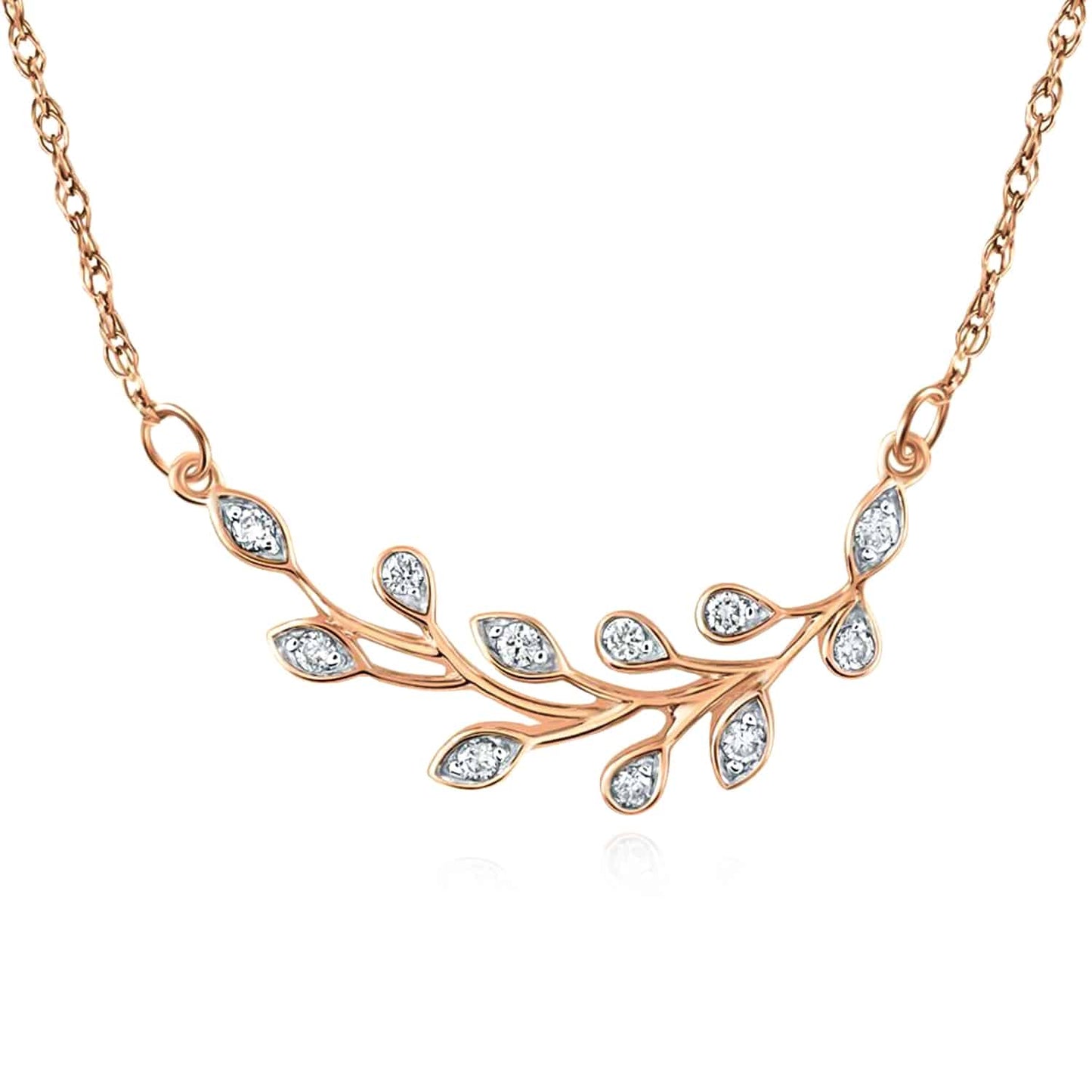Real Diamond 10K Gold Yellow White Rose Leaf Branch Pendant Necklace 18"