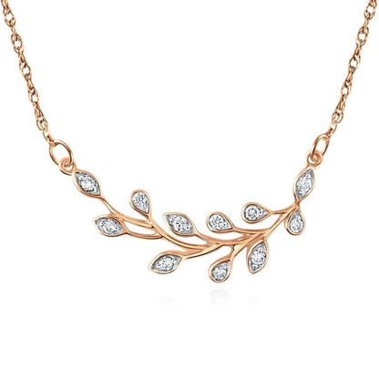 Real Diamond 10K Gold Yellow White Rose Leaf Branch Pendant Necklace 18"