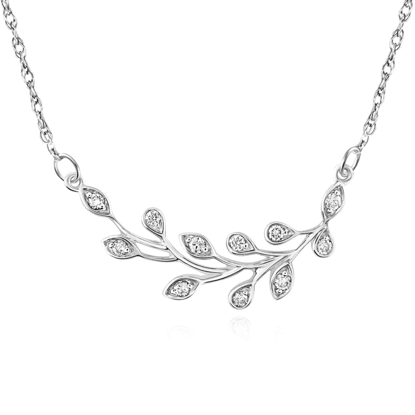 Real Diamond 10K Gold Yellow White Rose Leaf Branch Pendant Necklace 18"