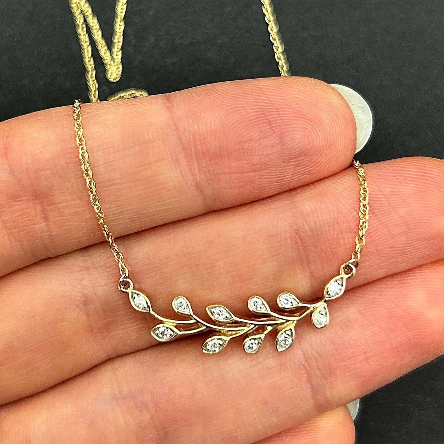 Real Diamond 10K Gold Yellow White Rose Leaf Branch Pendant Necklace 18"