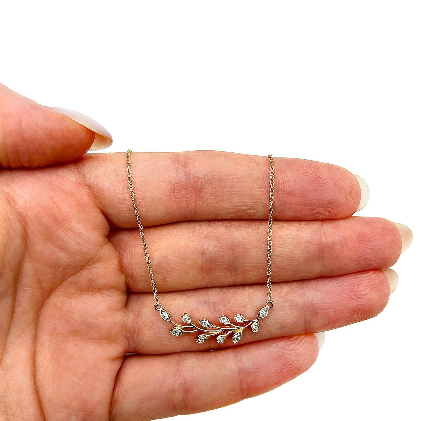 Real Diamond 10K Gold Yellow White Rose Leaf Branch Pendant Necklace 18"