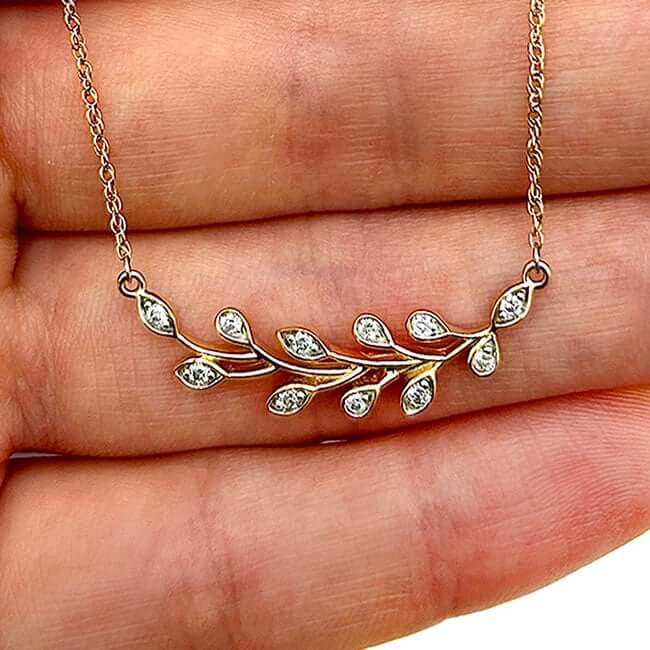 Real Diamond 10K Gold Yellow White Rose Leaf Branch Pendant Necklace 18"