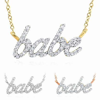 0.25CTW Real Diamond 10K Gold 'babe' Script Pendant Necklace 18"