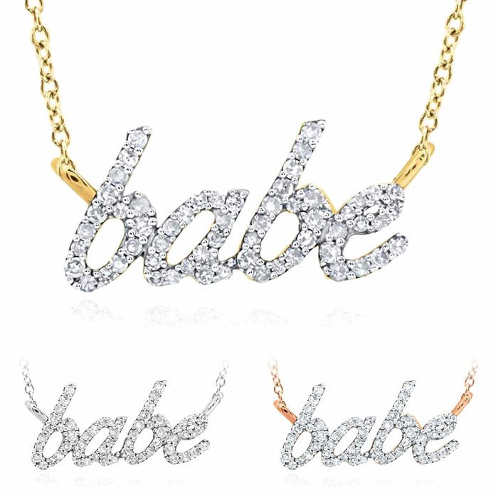 0.25CTW Natural Diamond 10K Gold babe Script Necklace (Solid Links) 18" - WJD Exclusives