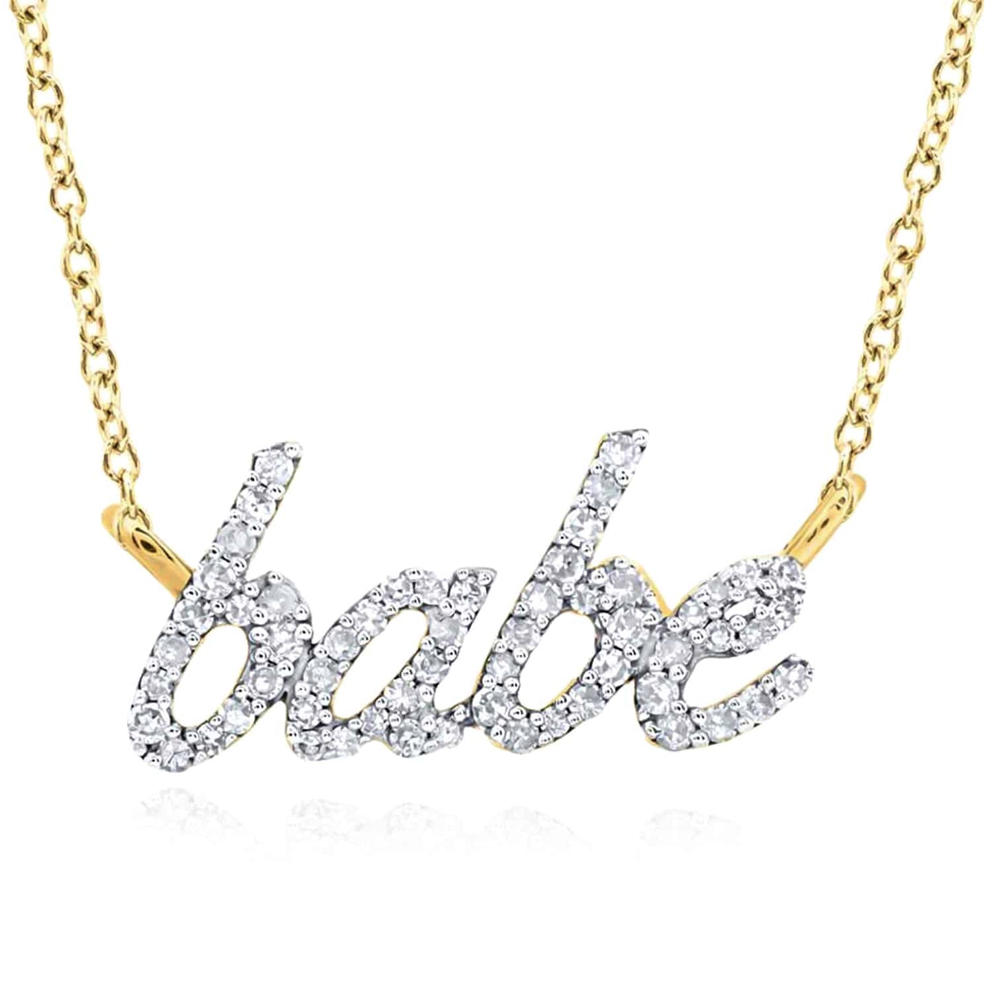 0.25CTW Real Diamond 10K Gold 'babe' Script Pendant Necklace 18"