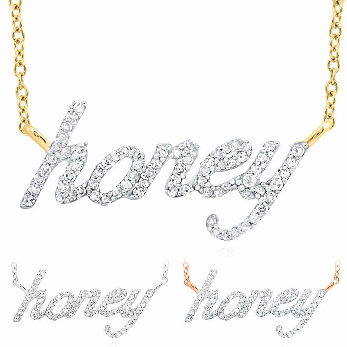 Natural Diamond 10K Yellow White Rose Gold honey Script Necklace (Solid Links) 18" - WJD Exclusives