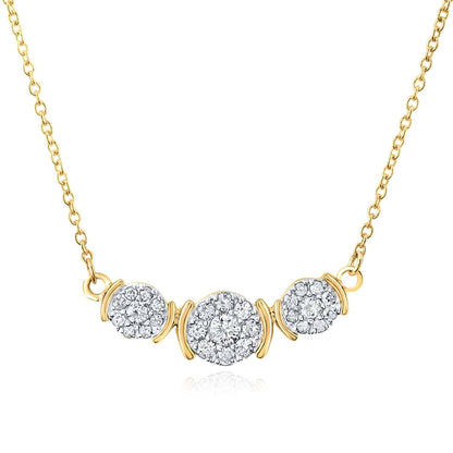 Real Diamond 10K Yellow Gold Triple Diamond Cluster Pendant Necklace 17.5"