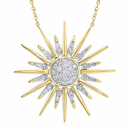 0.25CTW Real Diamond 10K Gold Yellow White Sunburst Pendant Necklace 18"