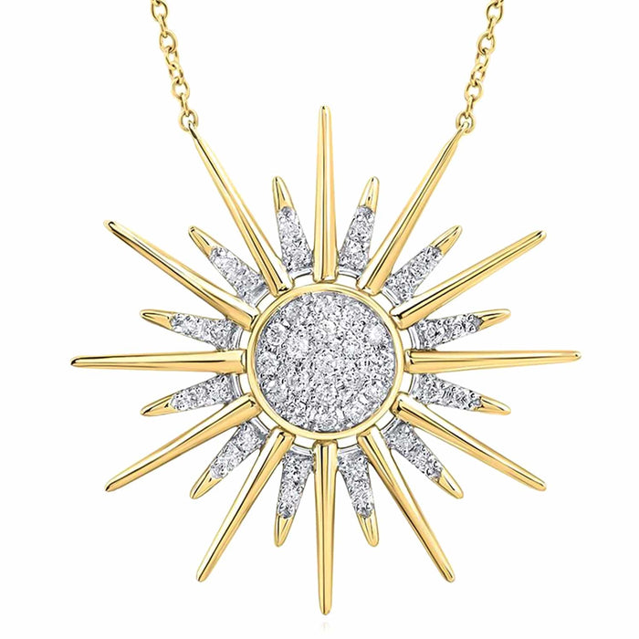 0.25CTW Natural Diamond 10K Yellow White Gold Sunburst Necklace (Solid Links) 18" - WJD Exclusives
