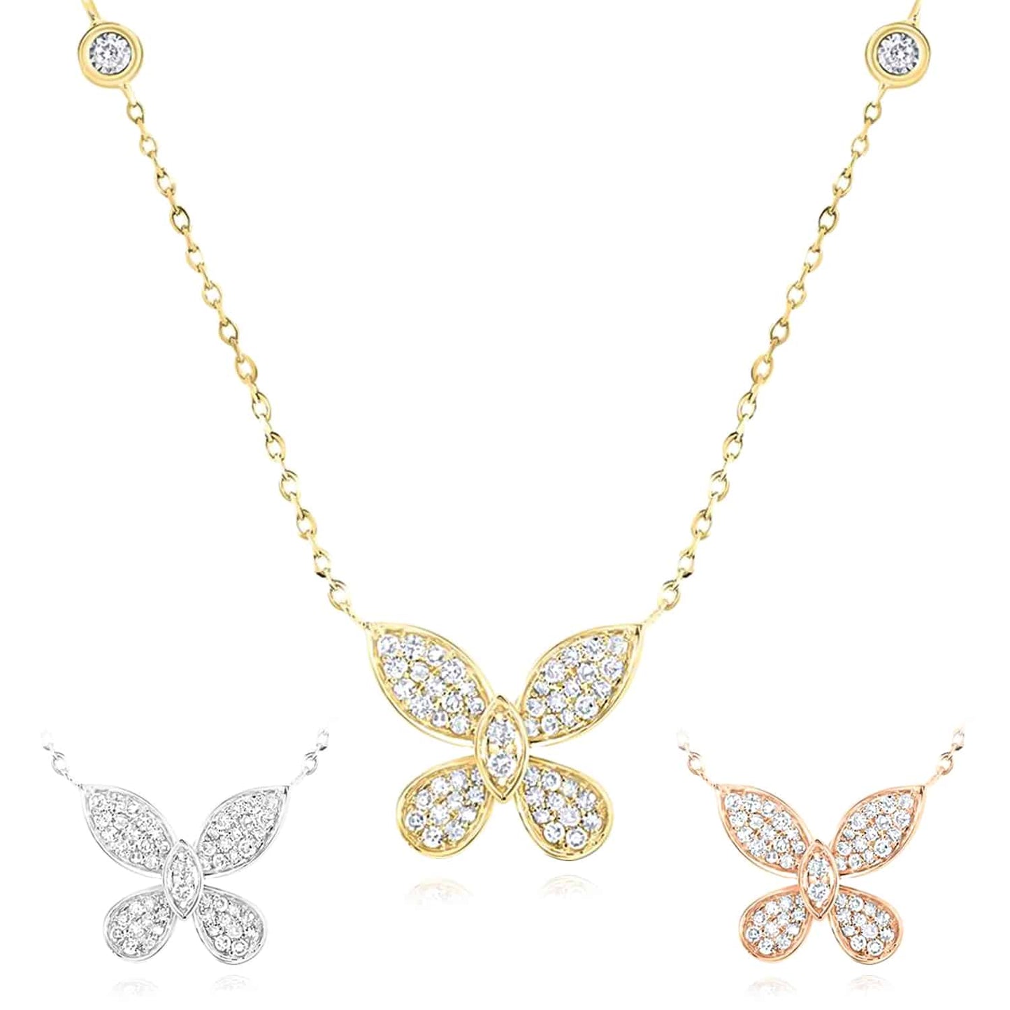 Real Diamond 10K Gold Yellow White Rose Butterfly Pendant Necklace 18"