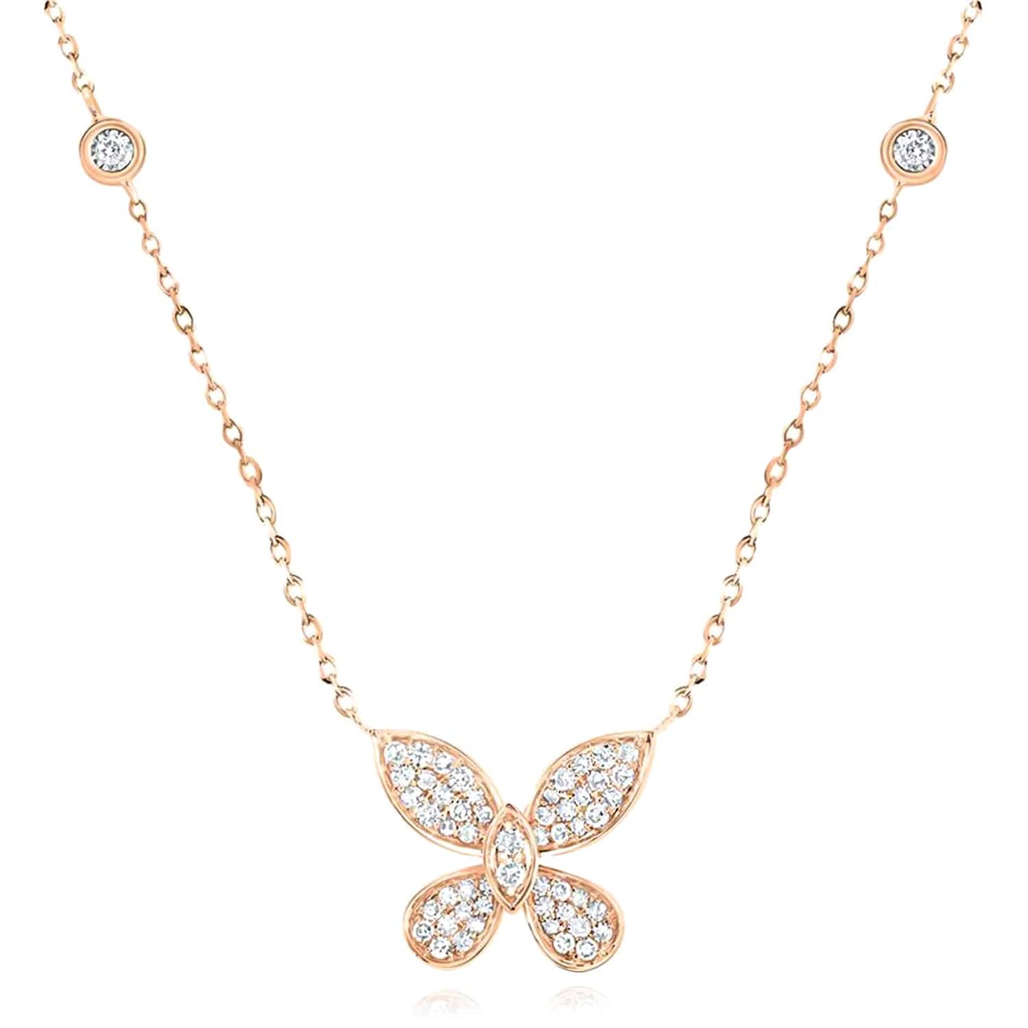 Real Diamond 10K Gold Yellow White Rose Butterfly Pendant Necklace 18"