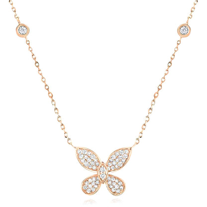 Real Diamond 10K Gold Yellow White Rose Butterfly Pendant Necklace 18"