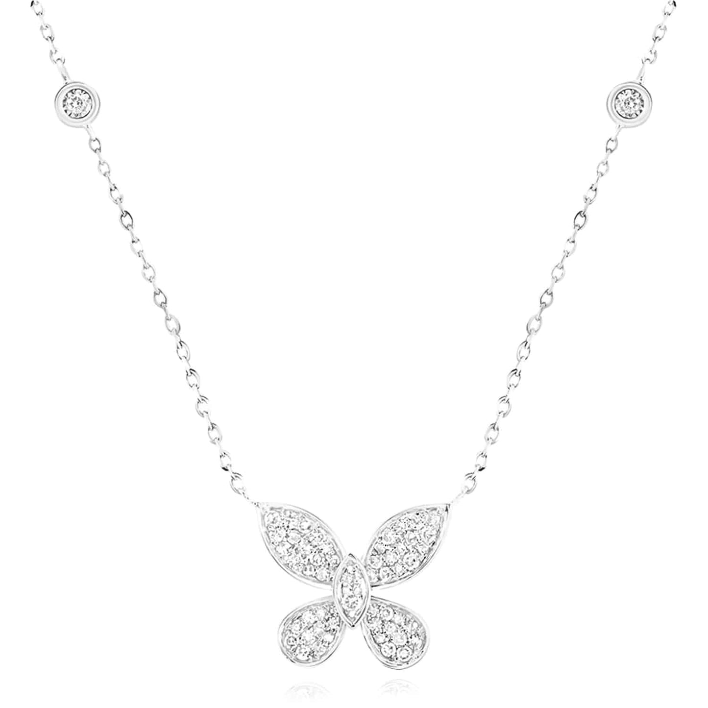Real Diamond 10K Gold Yellow White Rose Butterfly Pendant Necklace 18"