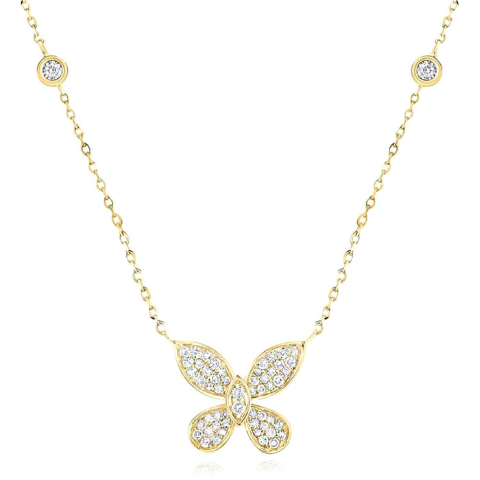 Natural Diamond 10K Yellow White Rose Gold Butterfly Necklace (Solid Links) 18" - WJD Exclusives