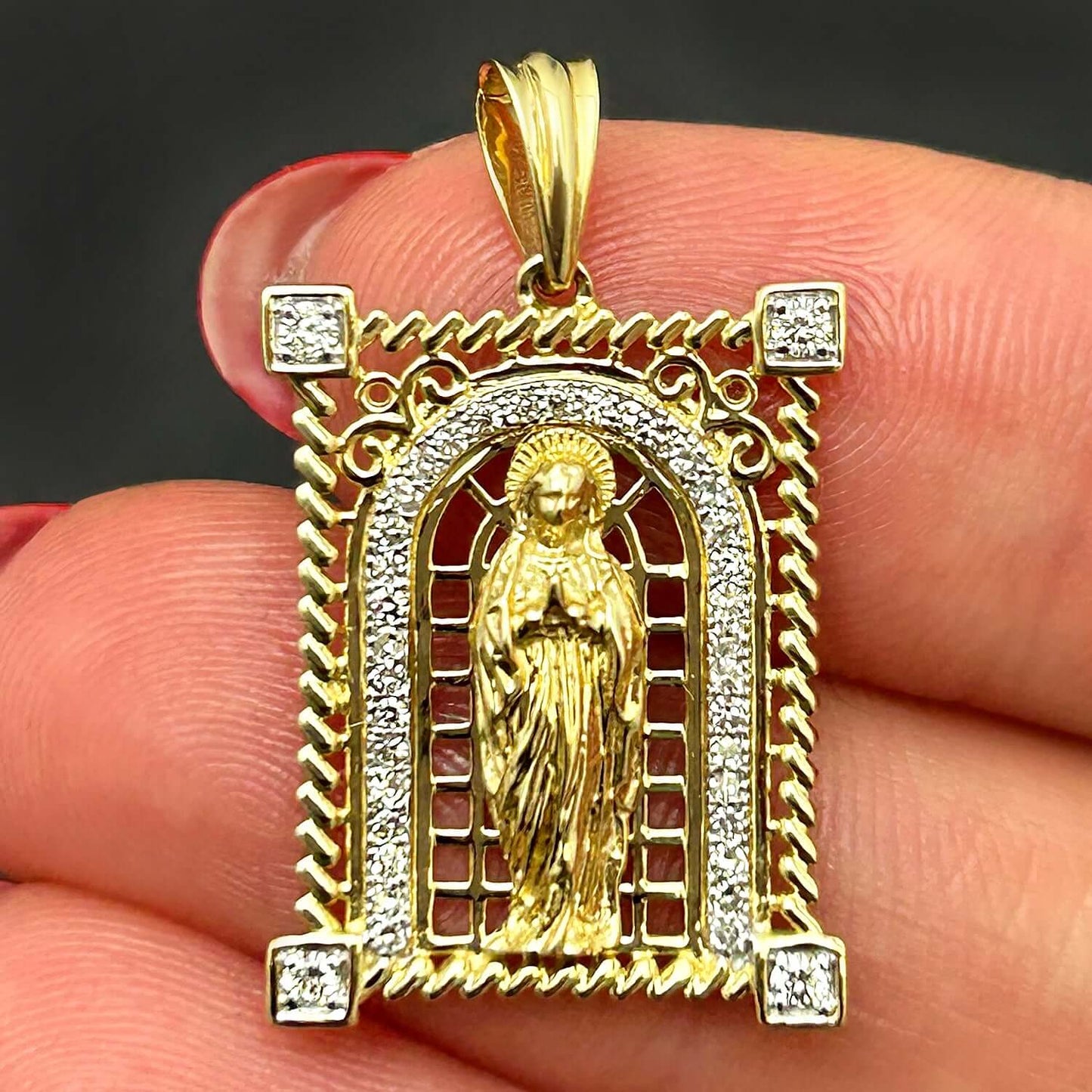 0.20CTW Real Diamond 14K Real Gold Saint Mother Mary Religious Pendant 1.2"