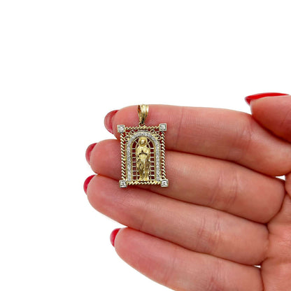 0.20CTW Real Diamond 14K Real Gold Saint Mother Mary Religious Pendant 1.2"