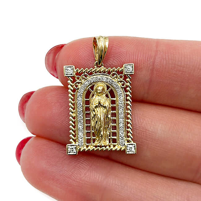 0.20CTW Real Diamond 14K Real Gold Saint Mother Mary Religious Pendant 1.2"