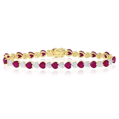 1.20CTW Natural Diamond 10K Yellow Gold Ruby Heart Bracelet (Solid Links) 7" - WJD Exclusives