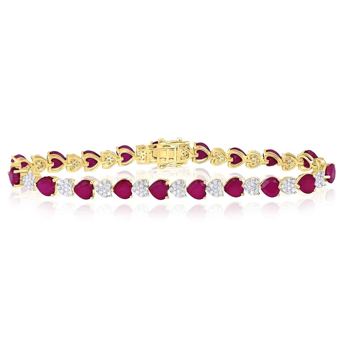 1.20CTW Natural Diamond 10K Yellow Gold Ruby Heart Bracelet (Solid Links) 7" - WJD Exclusives