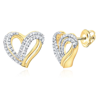 10K Gold Yellow White Rose Diamond Heart Screw Back Stud Earrings