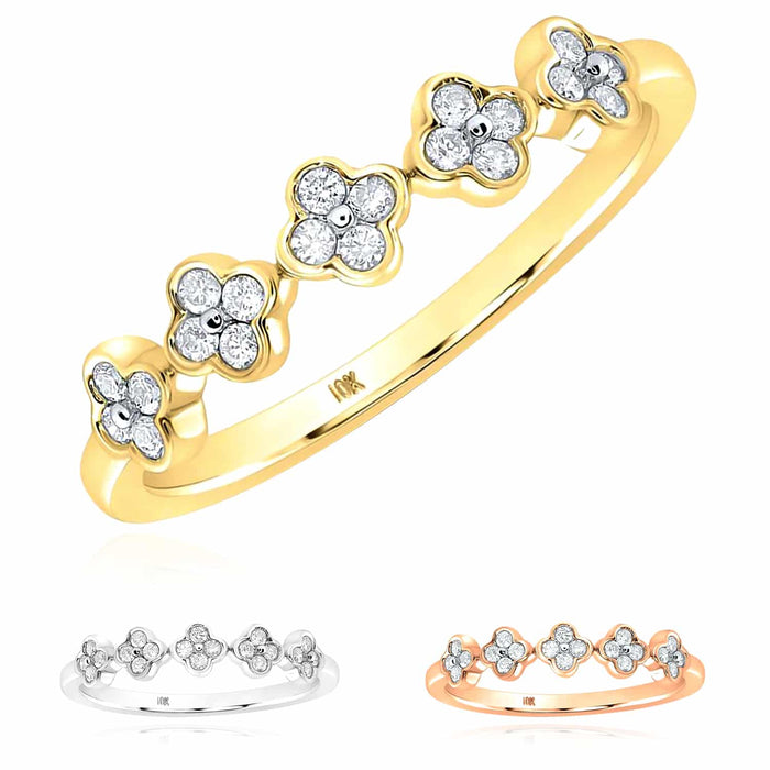 0.15CTW Natural Diamonds 10K Gold Yellow White Rose Clover Stackable Band Ring - WJD Exclusives