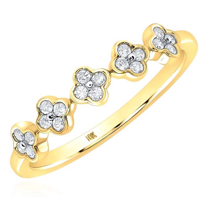 0.15CTW Natural Diamonds 10K Gold Yellow White Rose Clover Stackable Band Ring - WJD Exclusives