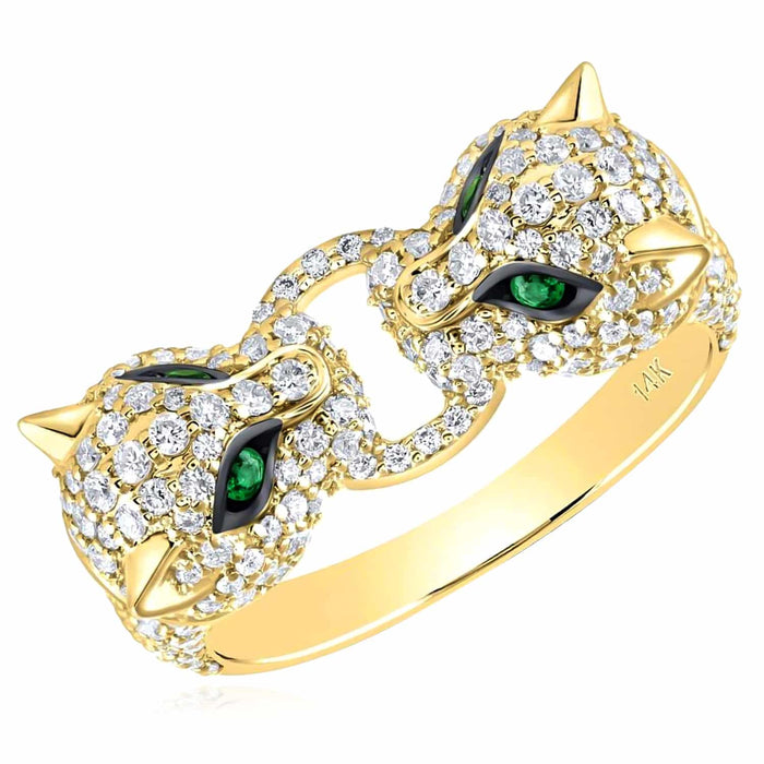 1.06CTW Natural Diamonds and Emeralds 14K Gold Leopard Face Cocktail Ring - WJD Exclusives