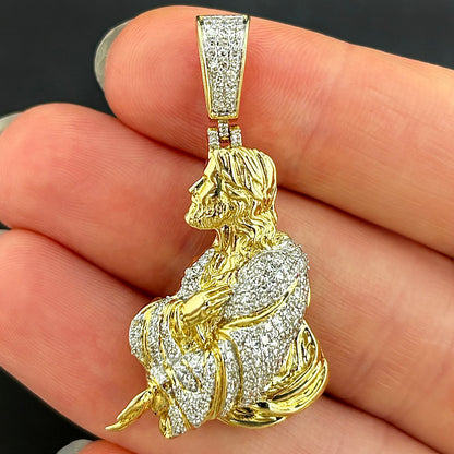 0.75CTW Natural Diamond 10K Yellow Gold Jesus Pendant 1.65"