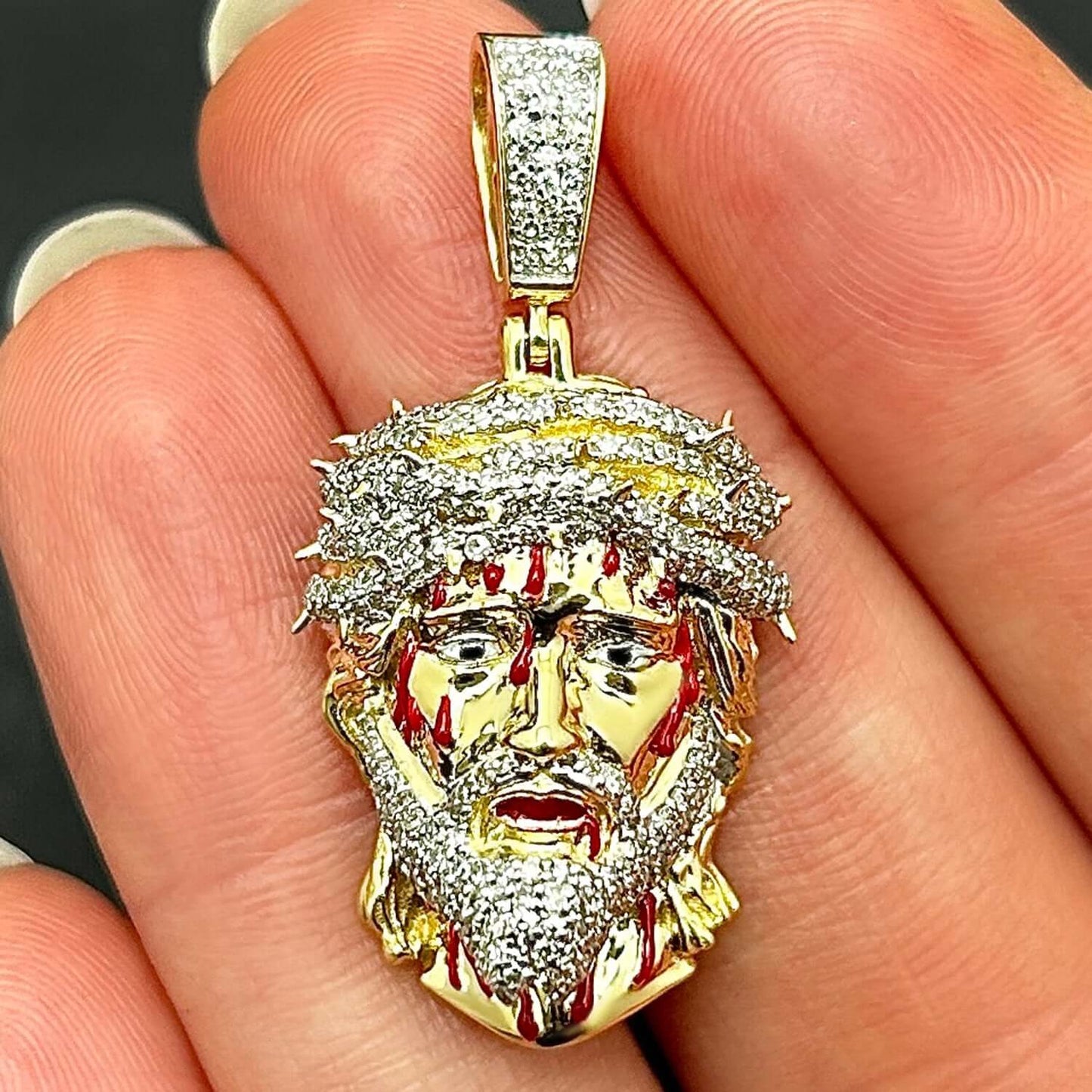 Real Diamond 10K Yellow Gold Jesus Face with Blood Thorns Pendant 1.45"-3.2"