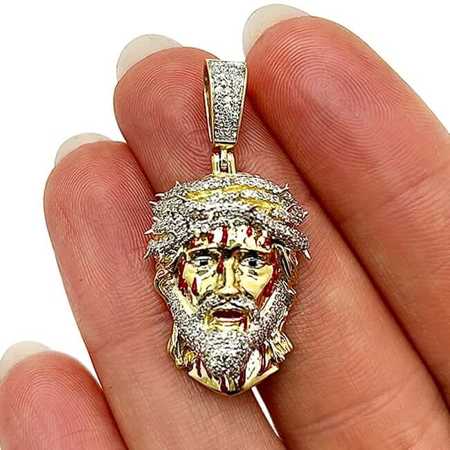 Natural Diamond 10K Yellow Gold Jesus Face with Blood Thorns